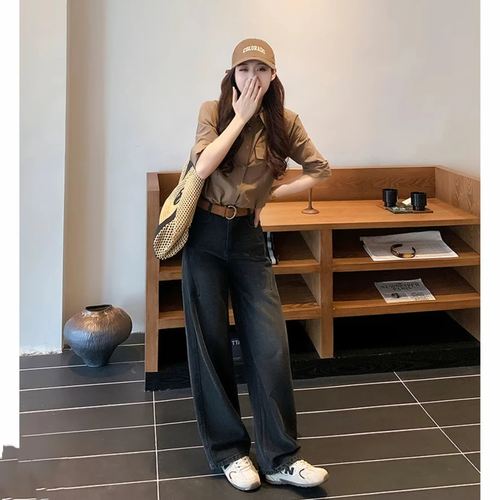 黑灰色弯刀牛仔裤女2025秋冬加绒美式高腰阔腿宽松显瘦直筒裤子