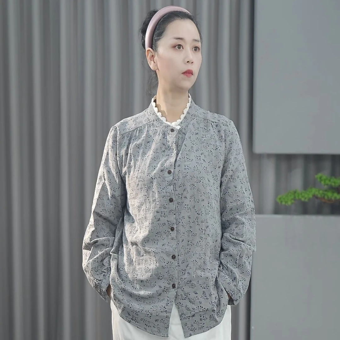 【衣长66-68】纯棉双层纱花边领碎花衬衫宽松气质长袖叠穿上衣86336