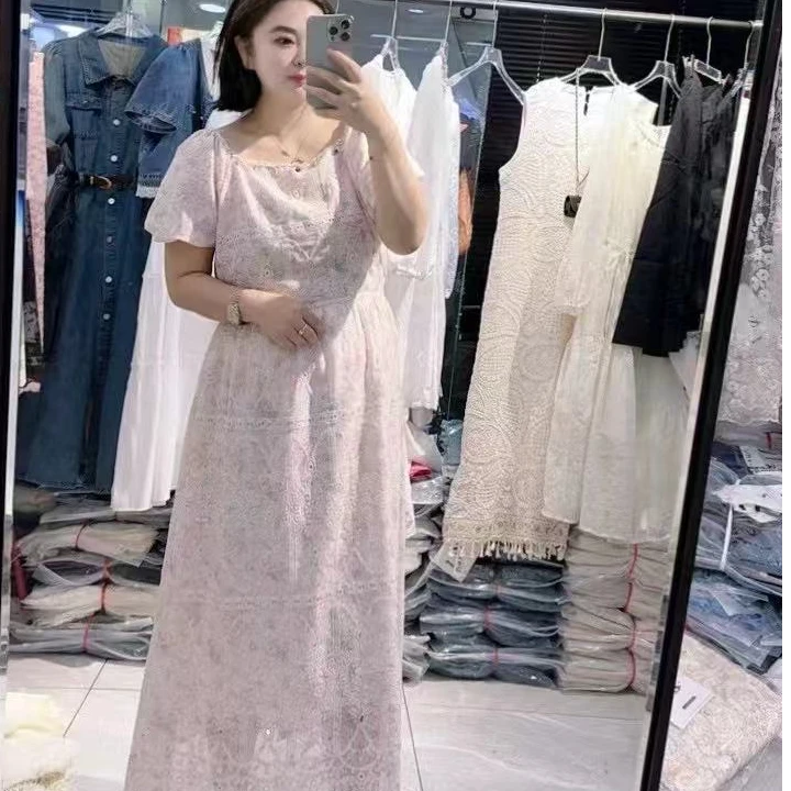 D966227新款清纯甜美短袖连衣裙透气百搭舒适刺绣粉色连衣裙
