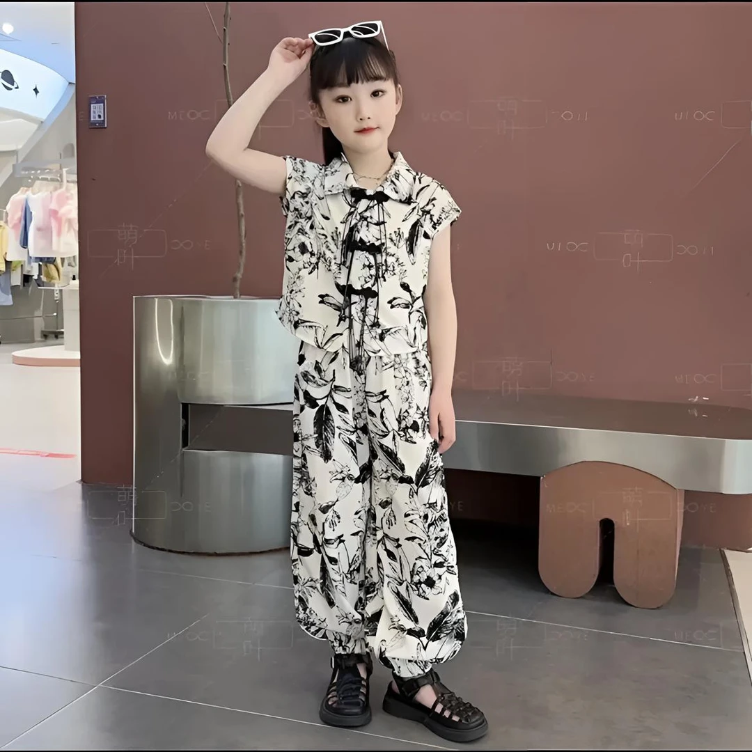夏季套装儿童2025新款民族风女孩洋气水墨画时尚女童短袖套装夏