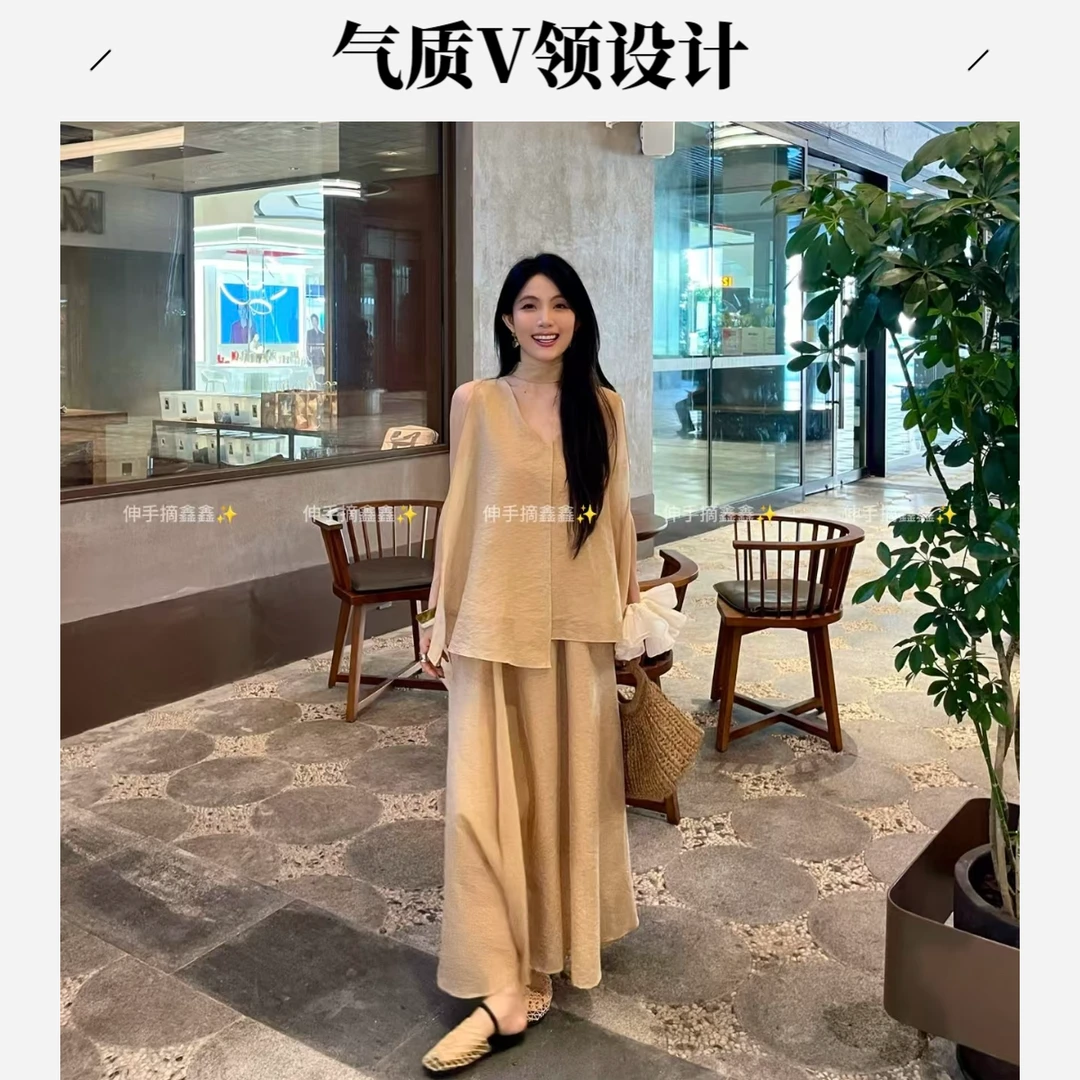 松弛感气质黑色v领挂脖背心女夏季裙子两件套韩系简约套装显瘦