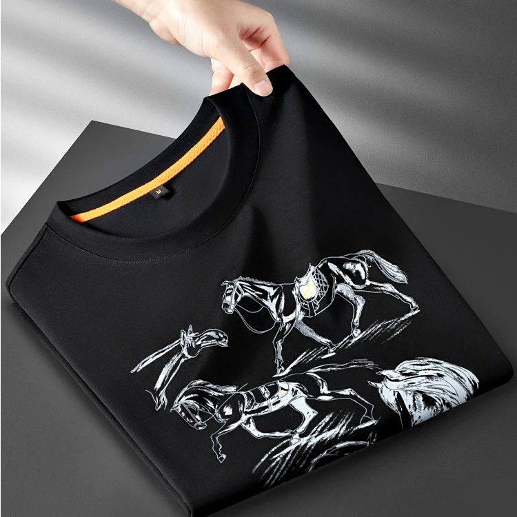 喀费基赫夏季莱赛尔面料短袖t恤男修身时尚潮流战马印花男士半袖