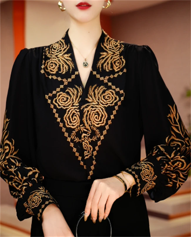 国颐 新款小V领衬衫轻奢气质优雅洋气减龄百搭显瘦上衣V24J0032