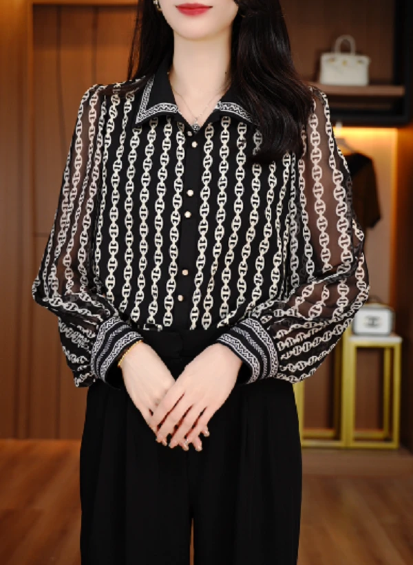 新款印花长袖气质复古宽松型衬衫洋气上衣不起球V25C254