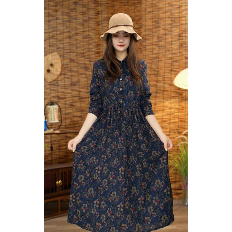 秋季棉麻翻领碎花连衣裙时尚气质显瘦气质长裙子百搭好看洋气MX11