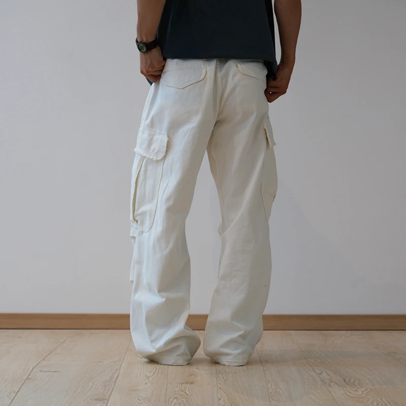 NEIGBORL钊叔制美式复古水洗白色多口袋设计宽松百搭直筒工装裤