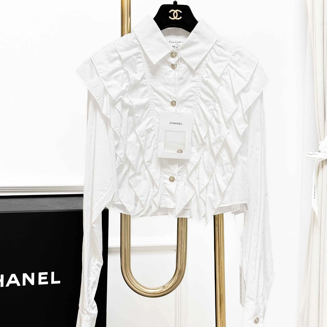 99新 Chanel/香奈儿 36码22A白色宫廷风荷叶边百褶长袖短款衬衫