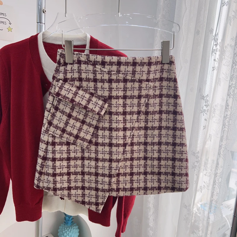 清版2025秋冬新款格纹毛呢显瘦a字半身裙小众设计韩系 女