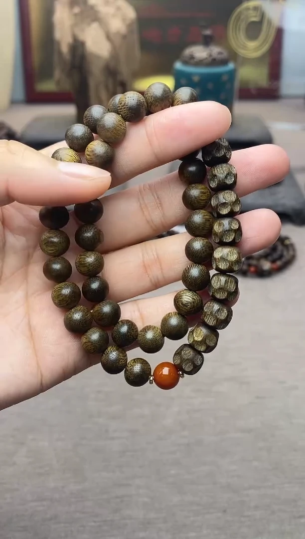 手串沉香芽庄黄棋08＋白棋锤纹珠 沉水双圈