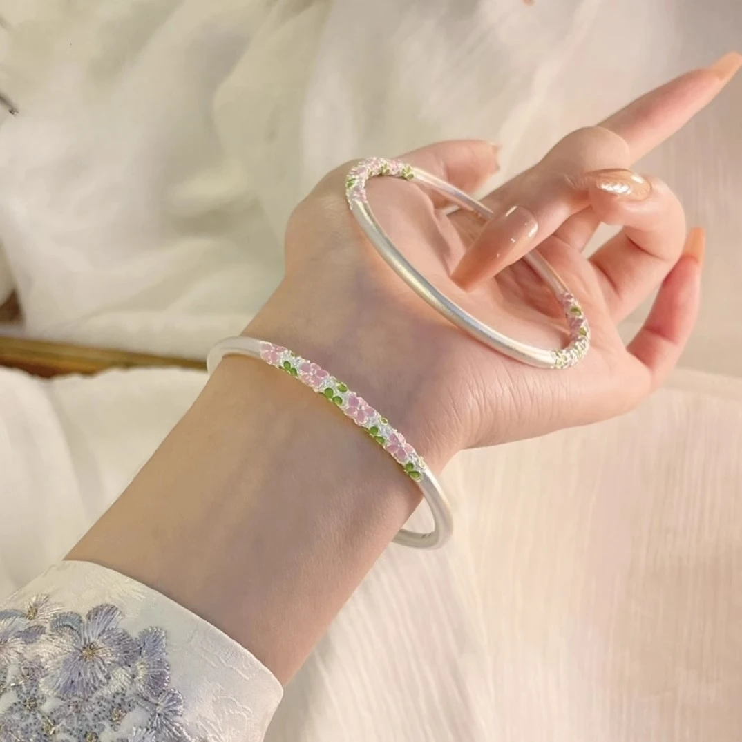 足银手镯 足银梅花手镯珐琅彩卷草纹古法新中式情人节送给女朋友