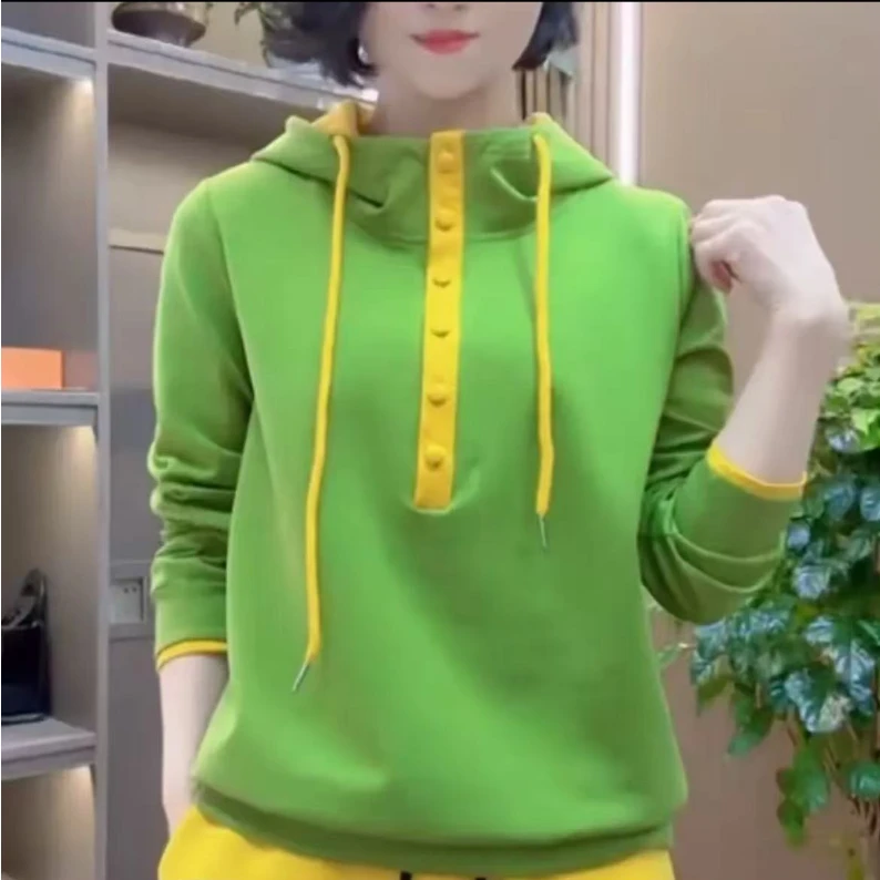 春季拼接撞色时尚长袖减龄气质上衣女新款连帽套头薄款卫衣设计感