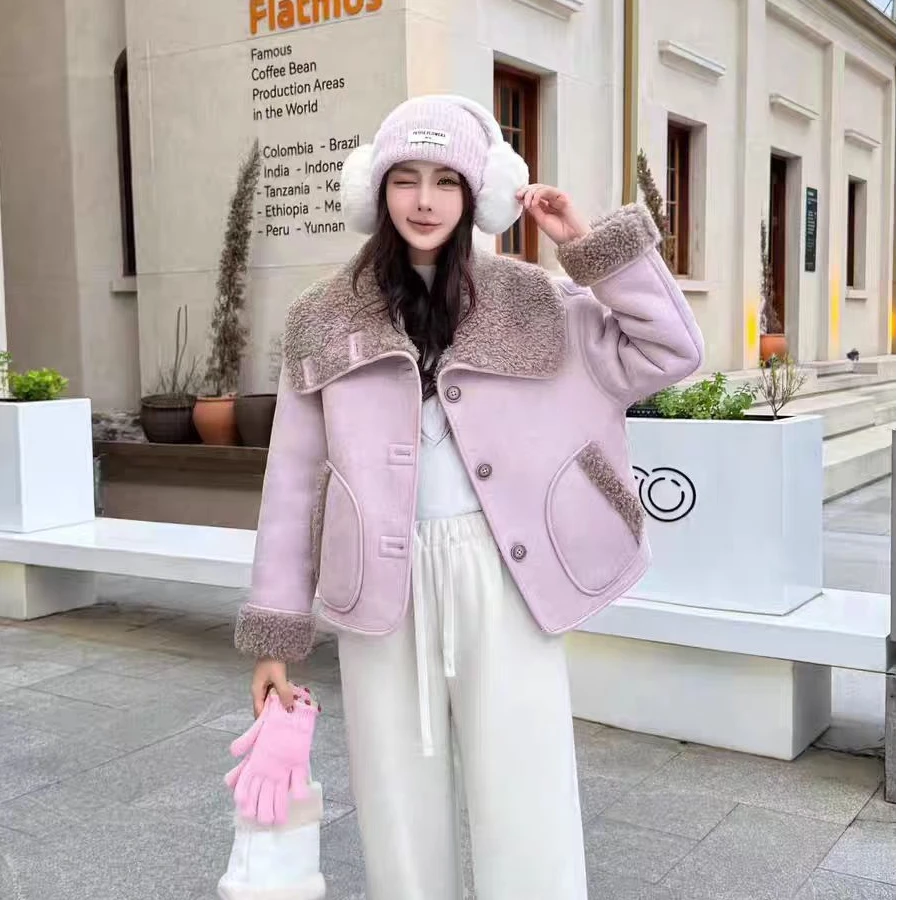 韩版时尚皮毛一体短外套女2025秋冬新款加厚保暖百搭洋气休闲上衣