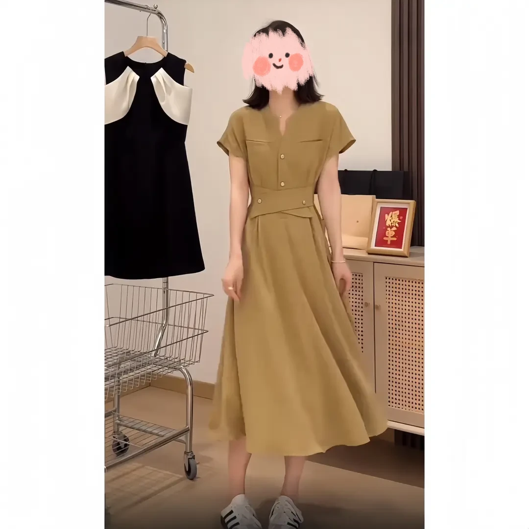 夏季法式千金风中长裙艳色连衣裙气质长裙修身慵懒风