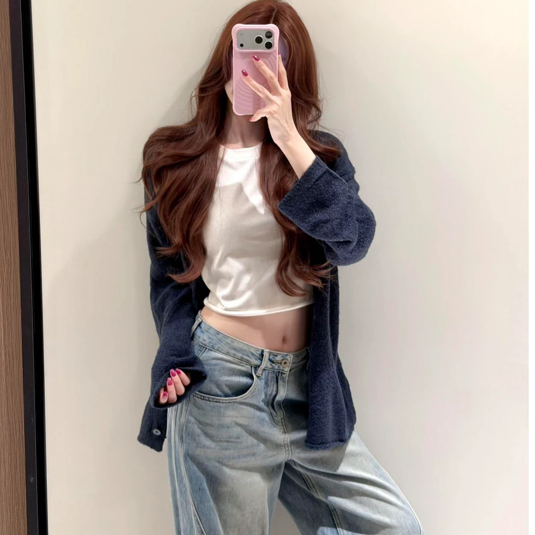 宽松修身开衫女短款打底上衣休闲秋季毛针织开衫气质长裤套装女