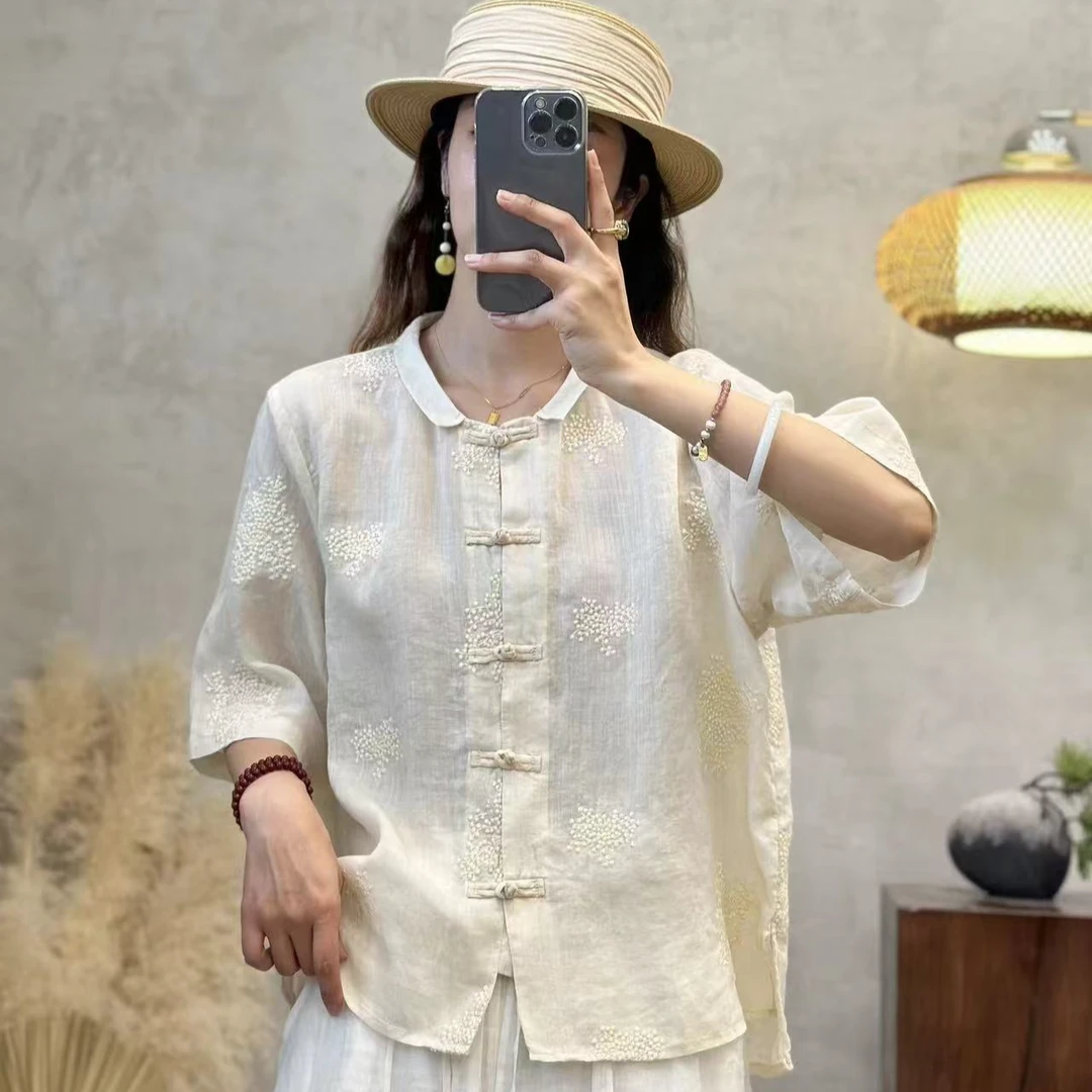 复古民族风宽松绣花半袖常规衬衣夏季纯苎麻文艺衬衫刺绣