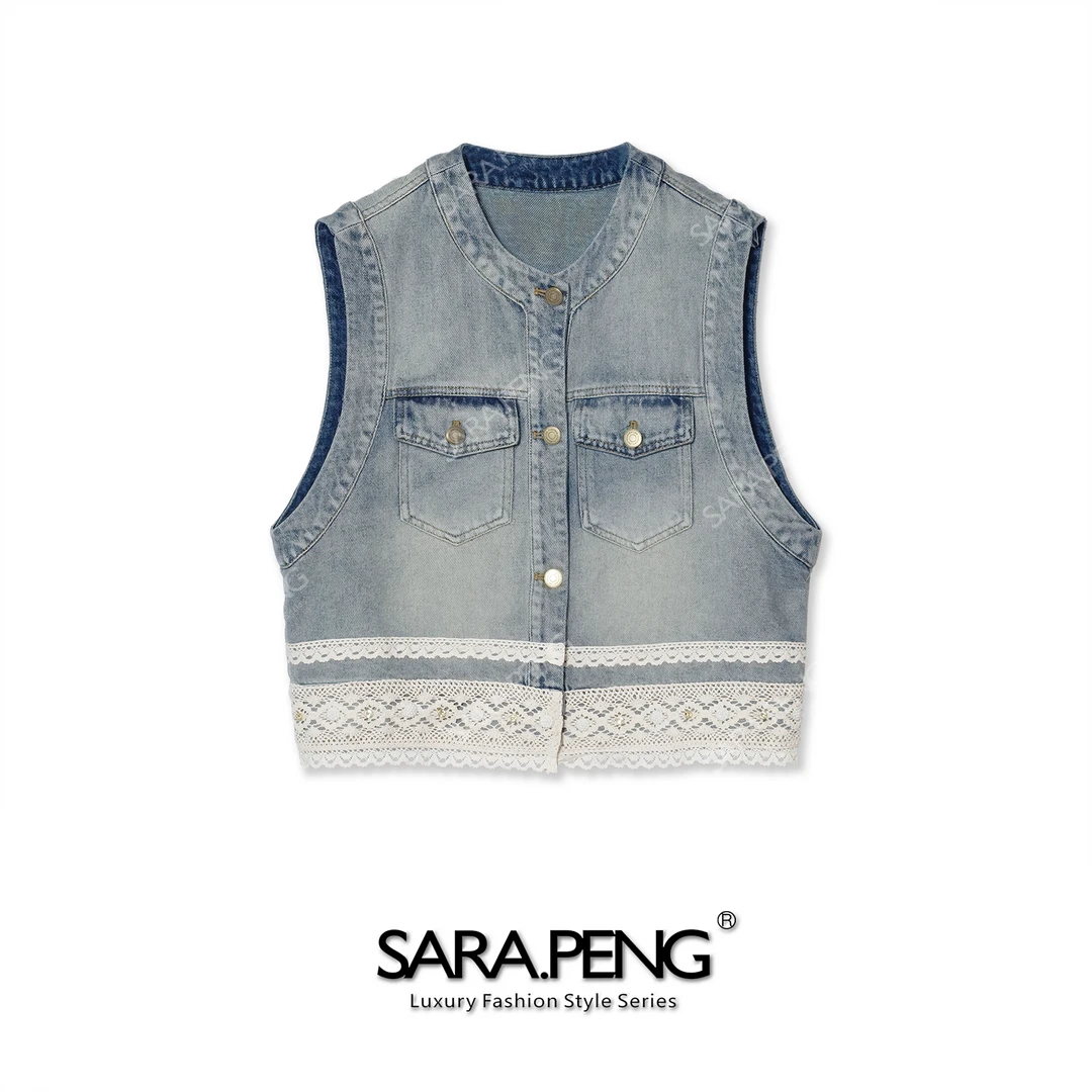 SARA.PENG破晓花蕊｜重工水洗拼蕾丝花边马夹牛仔上衣｜叠穿百搭款