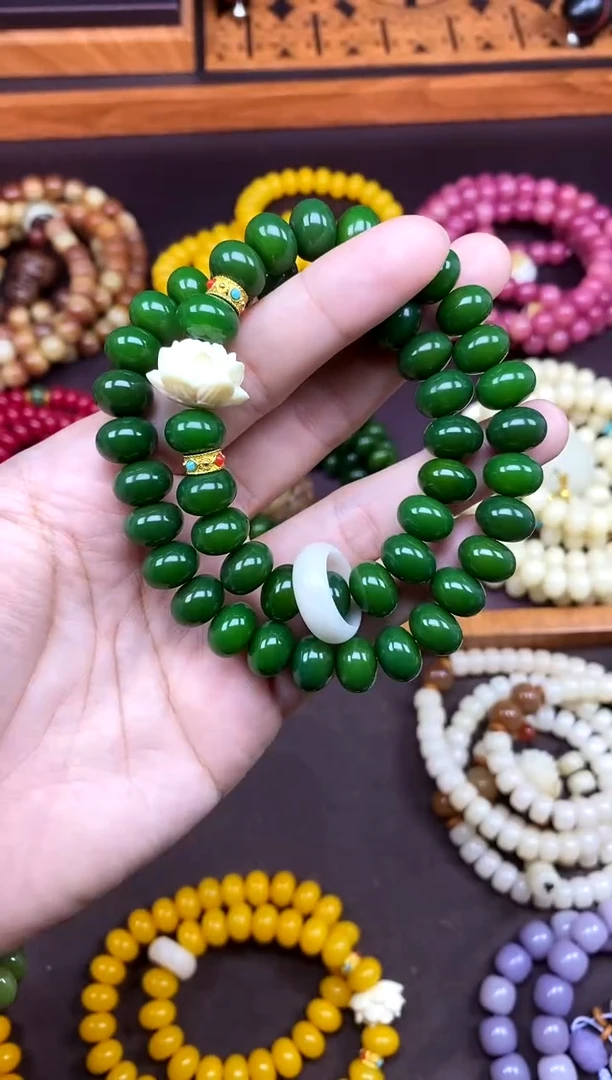 手串白玉菩提翠微 绿菩提双圈手串带莲花