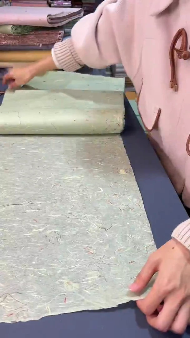 纯手工四尺对开50张浅草绿青丝红花雁楮清水云龙