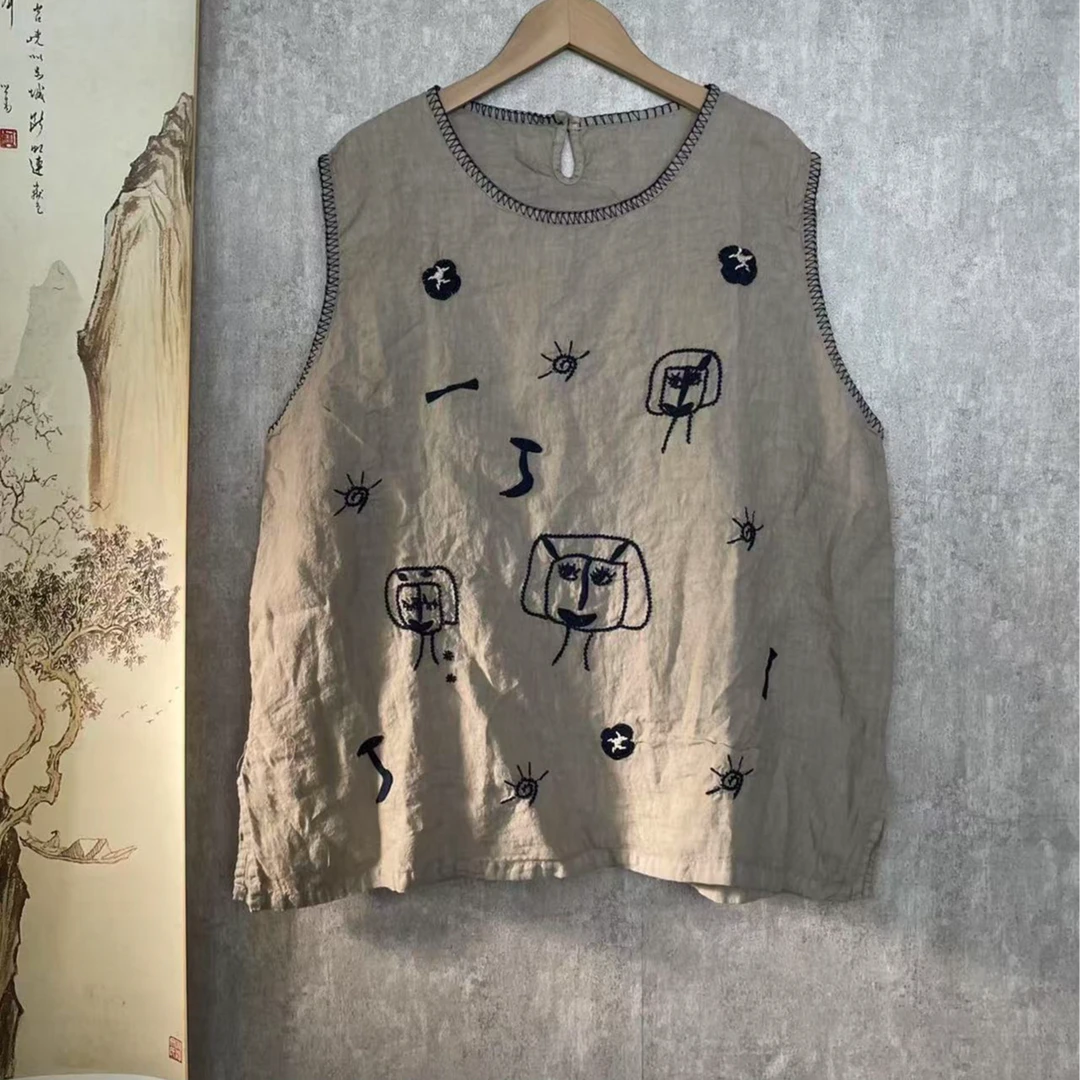 芬雅雨露麻重工刺绣休闲马甲背心衣长66胸围120