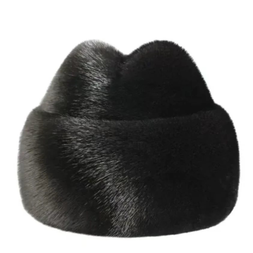 男士冬季水貂帽子黑色整皮真毛法式绅士地主帽带护耳