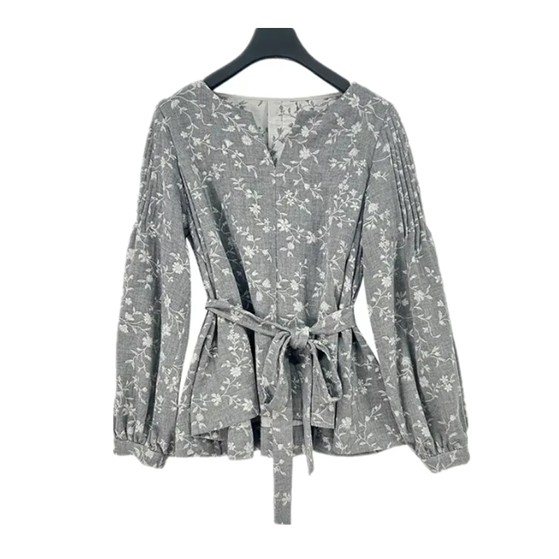 2025新款V领秋季刺绣印花长袖系带衬衫复古风时尚上衣S253Z0533