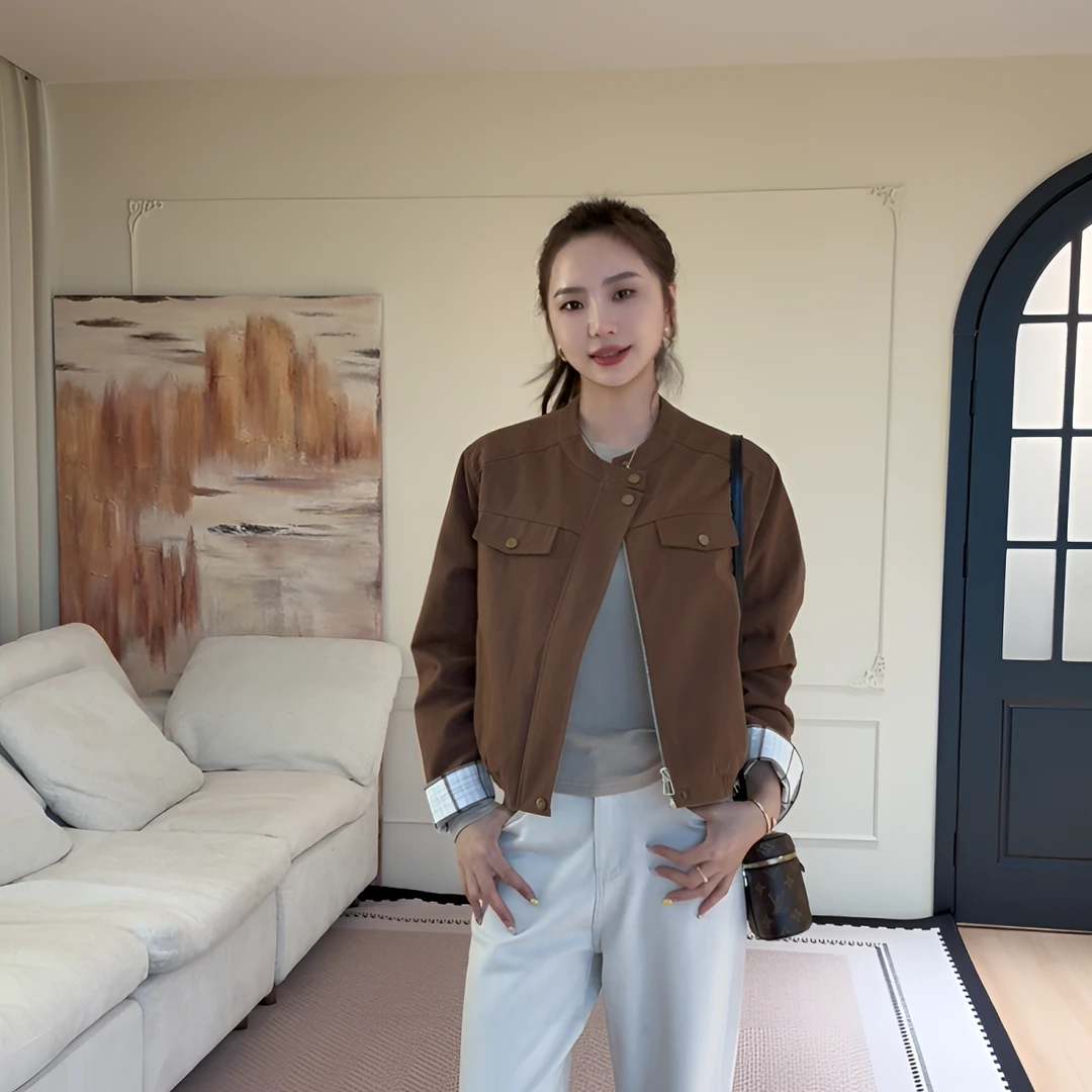 【余欢欢】早秋复古百搭宽松小立领防风短外套-YHW50621