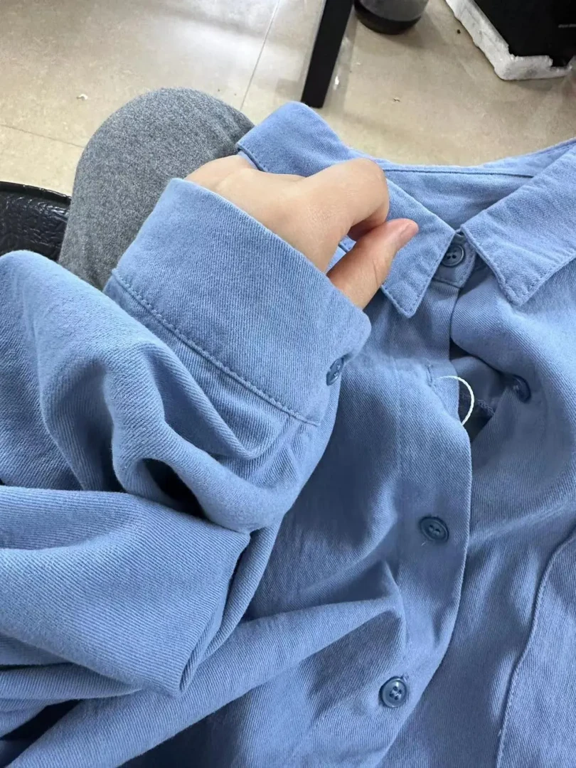 100%棉蓝色纯棉衬衫女小清新宽松百搭显瘦通勤小个子衬衣外套上衣