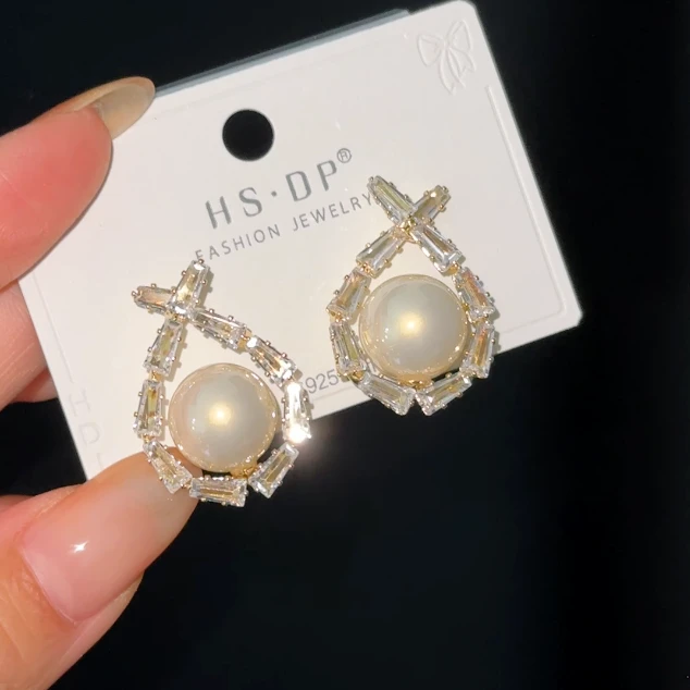 纯铜仿珍珠耳饰 法式复古交叉珍珠耳钉新款小众设计感气质耳饰