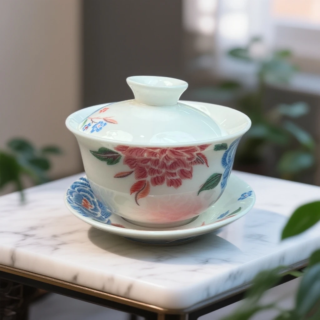 团花羊脂玉瓷三才盖碗