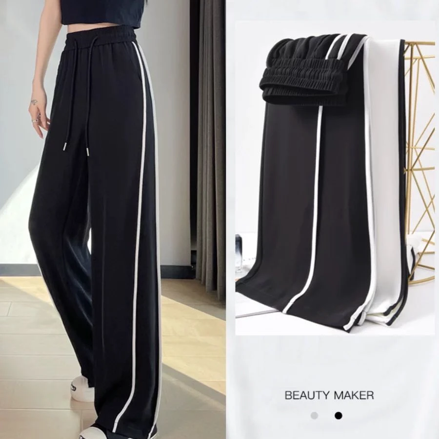 高腰冰丝凉凉裤直筒裤高腰夏季春游长裤休闲裤薄款条纹1032