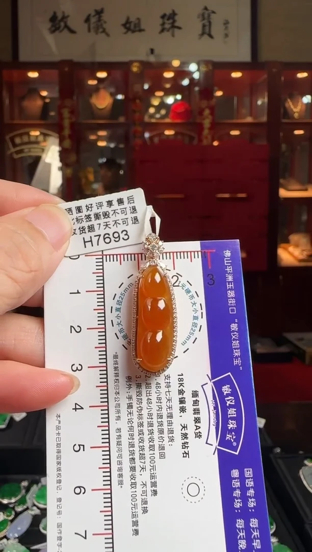 翡翠18K金镶嵌颈饰H7693冰红富贵豆