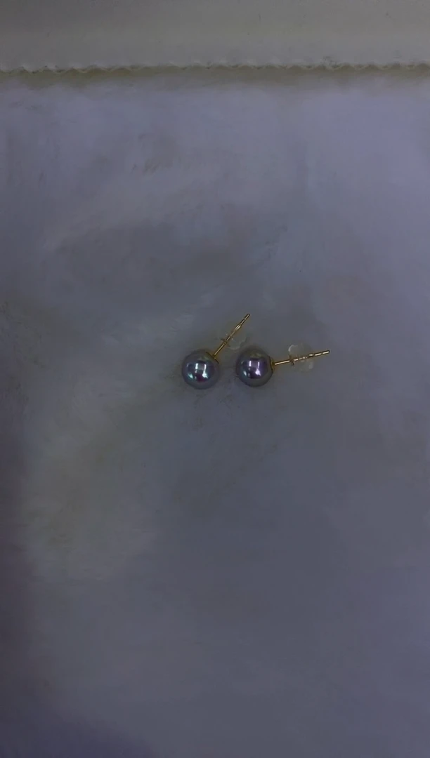 18K金镶嵌akoya真多麻耳钉海水珍珠6.5-7mm