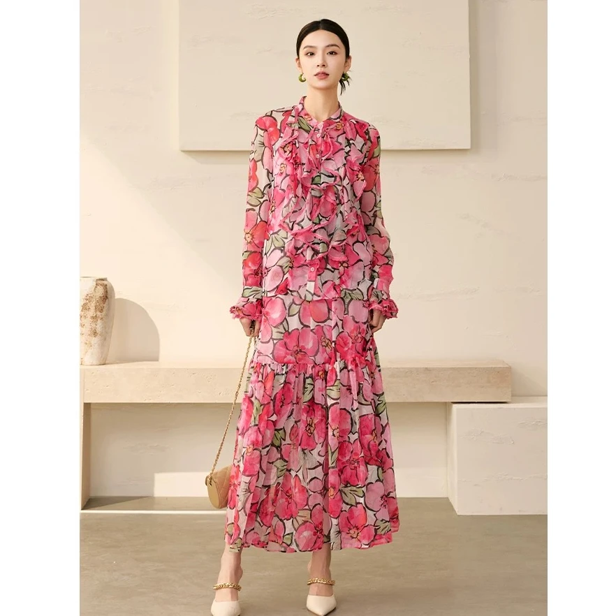 曼德诗A摆长裙新款裙子时尚肌理印花半身裙M207308447