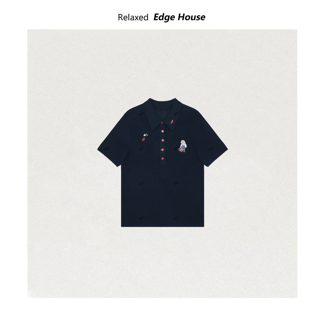 【嘻嘻家】花篮小熊 真丝+天丝混纺面料の王刺绣POLO针织上衣