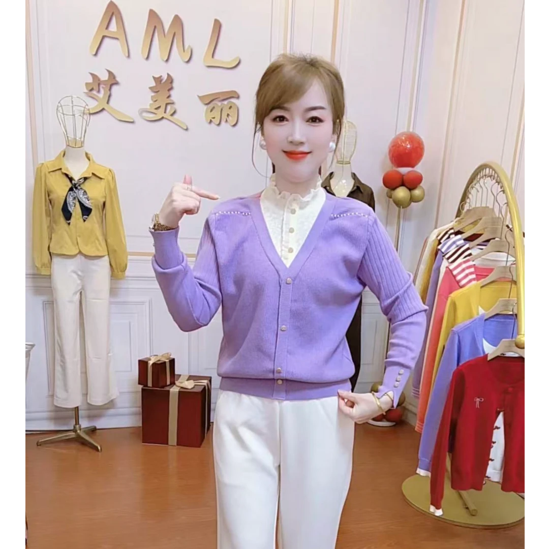 AML3 木耳领假两件拼接修身显瘦秋冬新款打底衫百搭时尚针织上衣