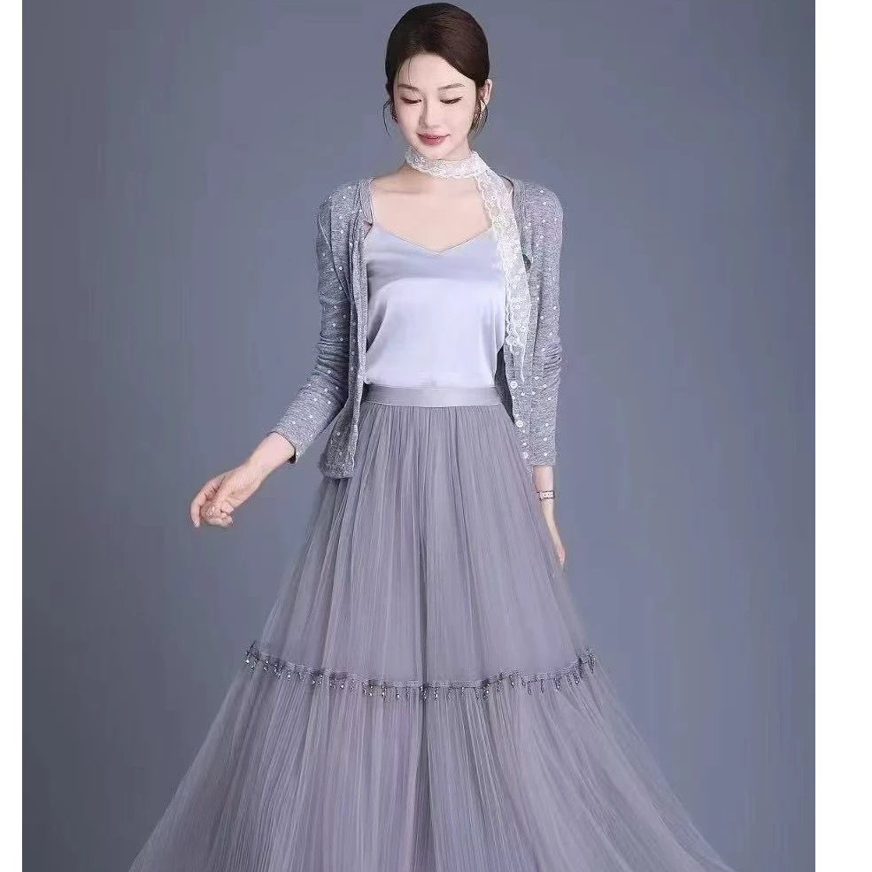 【包邮】松紧腰赫本风欧若珍珠时尚百搭中长款气质蕾丝半身裙#5876