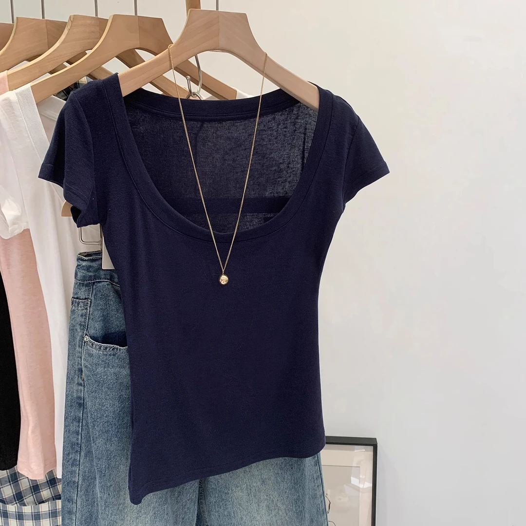 藏青色短袖正肩修身T恤女夏季新款设计感大U领显瘦上衣百搭小衫薄