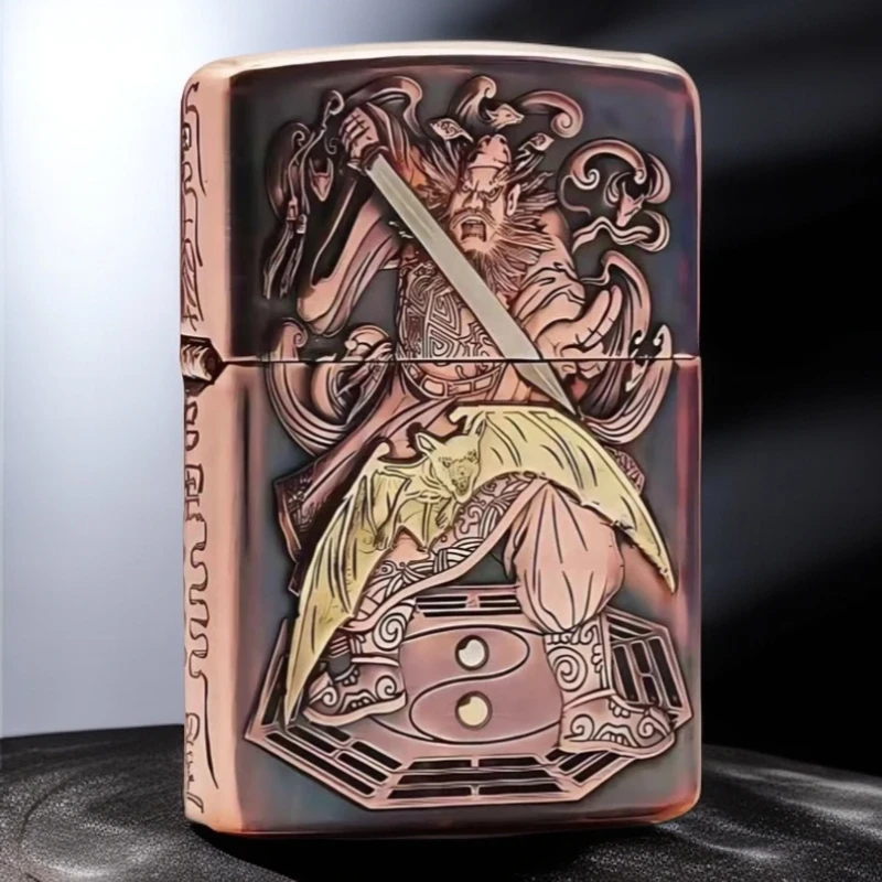 ZIPPO防风单面手雕立体盔甲机金色打火机天师钟馗纯紫铜套壳DYJ1