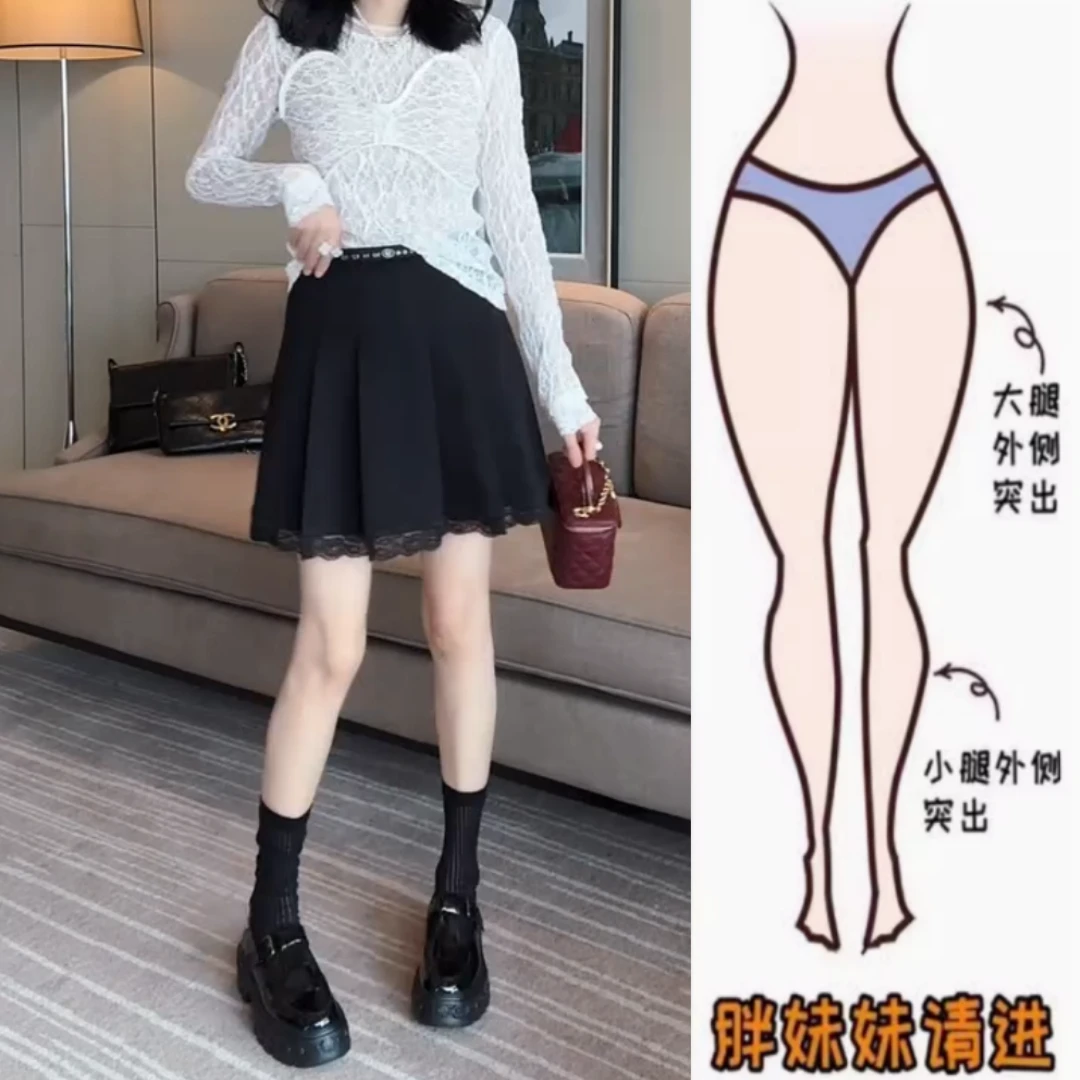 景倩妮黑色蕾丝边拼接百褶短裙2025年夏季新款梨形高腰显瘦半身裙