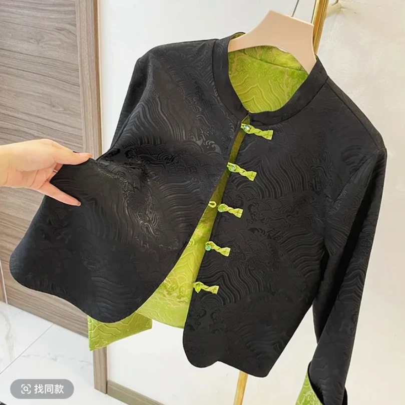 【双面穿】春季新中式祥云提花缎盘扣复古文艺立领短外套女气质减龄