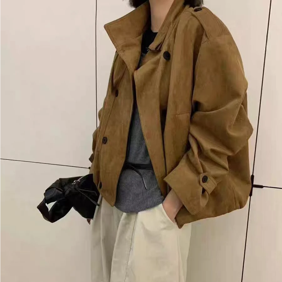 秋季双排扣渐变圆领女简约短外套复古秋冬咖色加绒棕色