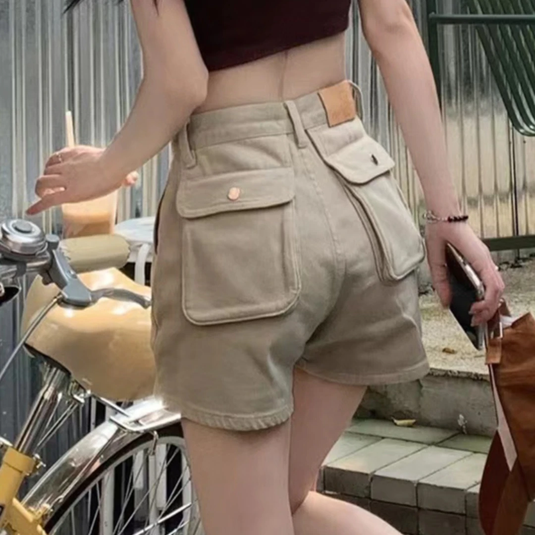 卡其色休闲工装牛仔短裤女2025新款夏季薄款高腰休闲辣妹阔腿热裤