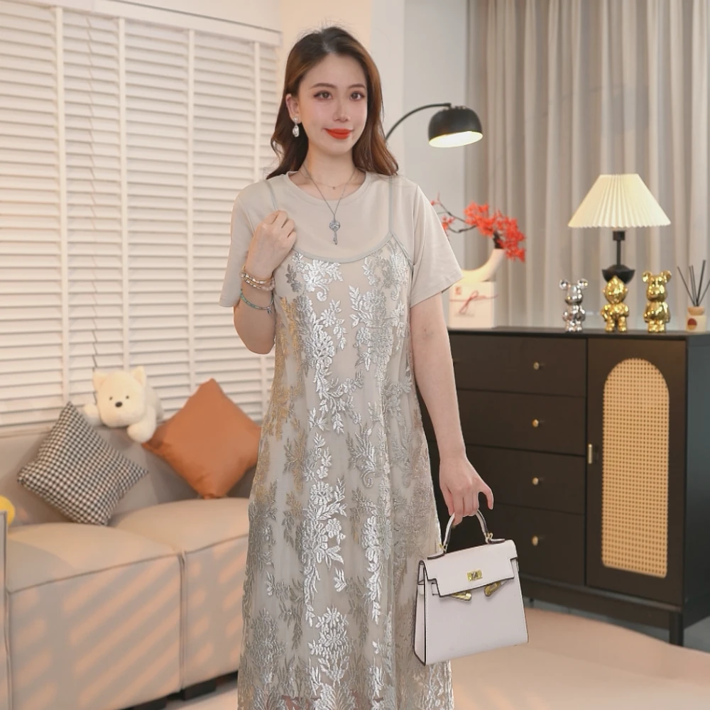 提花吊带衫t恤裙套装女凉感薄款气质轻熟休闲连衣裙MF25A525-2