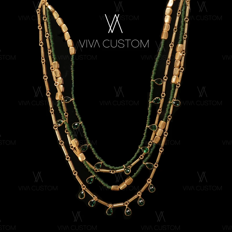 铜合金合成锆石项链 （彩石流光系列）欧美小众叠戴水滴串珠项链m