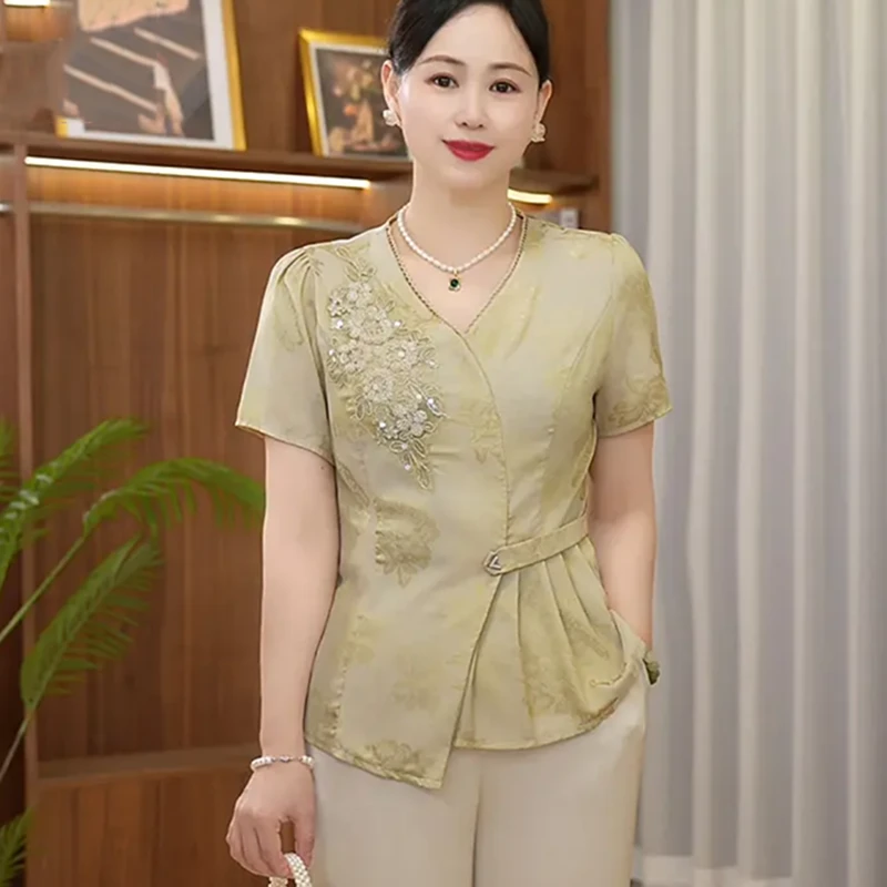 洋气减龄妈妈装夏装新中式钉珠小衫套装中老年女夏季时尚提花上衣