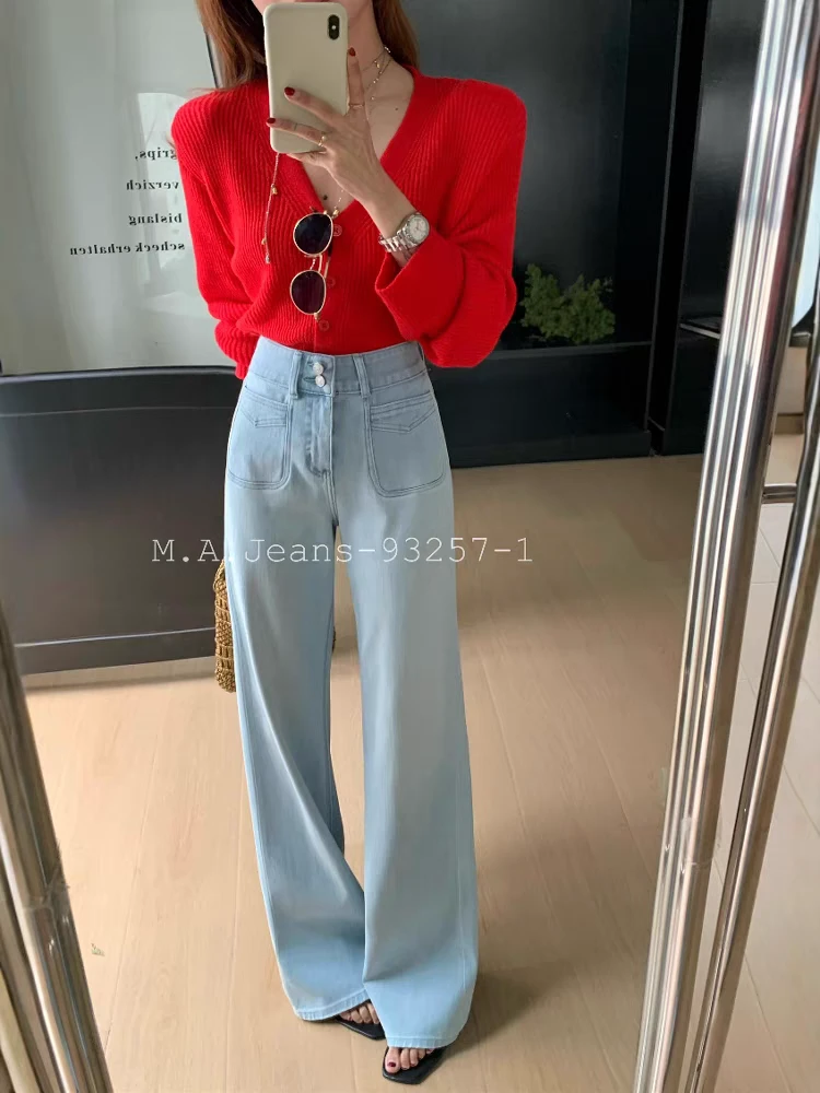补单款 MA.牛仔裤女剪标春季高腰浅蓝色四面弹宽松阔腿裤93257-1