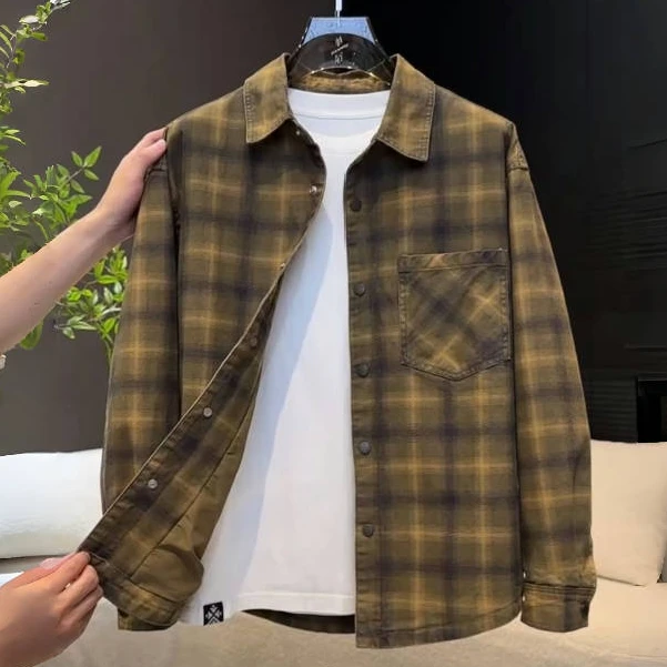 秋季新款潮流拼接外套时尚百搭格子长袖衬衫休闲翻领夹克二棉上衣