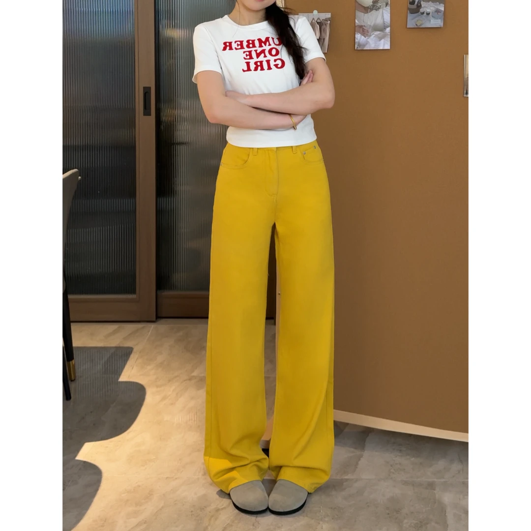 夏季薄款姜黄色阔腿裤2025新款高腰百搭显瘦小个子垂感直筒拖地裤