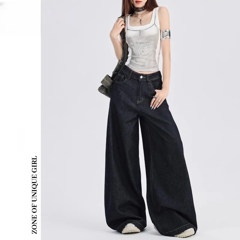 美式深蓝高腰宽松垂感阔腿牛仔裤女2025夏季新款慵懒拖地直筒裤子