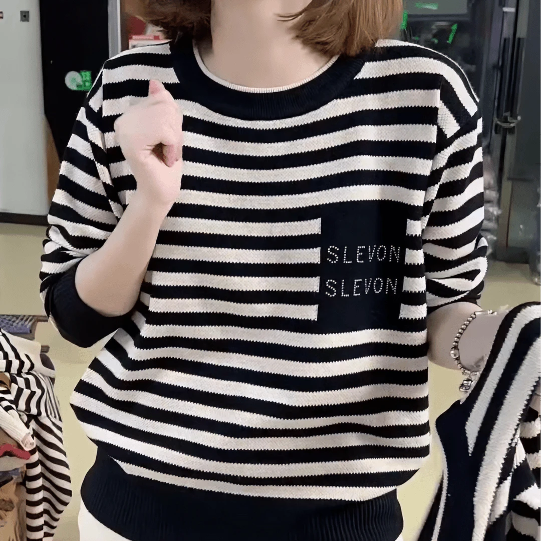 2025秋冬新款宽松外贸砖版字母条纹圆领套头长袖百搭休闲针织衫H